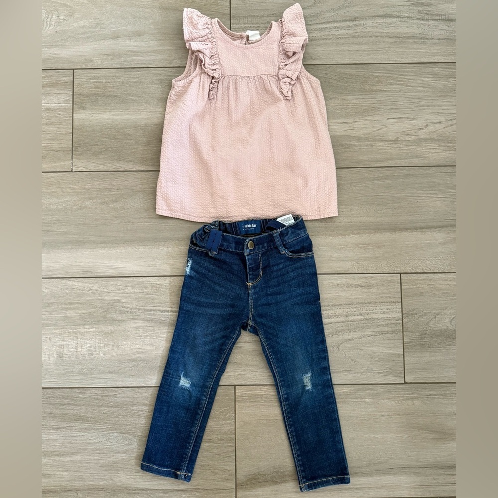 Pink Ruffle Top and Blue old navy skinny Jeans